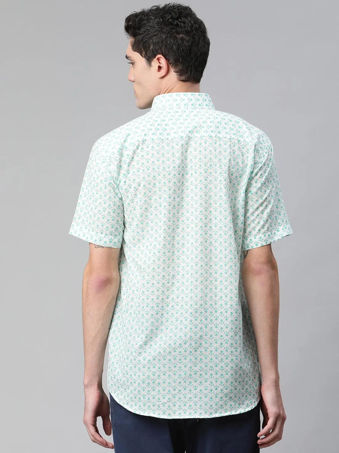 Millennial Men White & Sea Green Cotton  Half Sleeve Shirt for Men-MMH0184