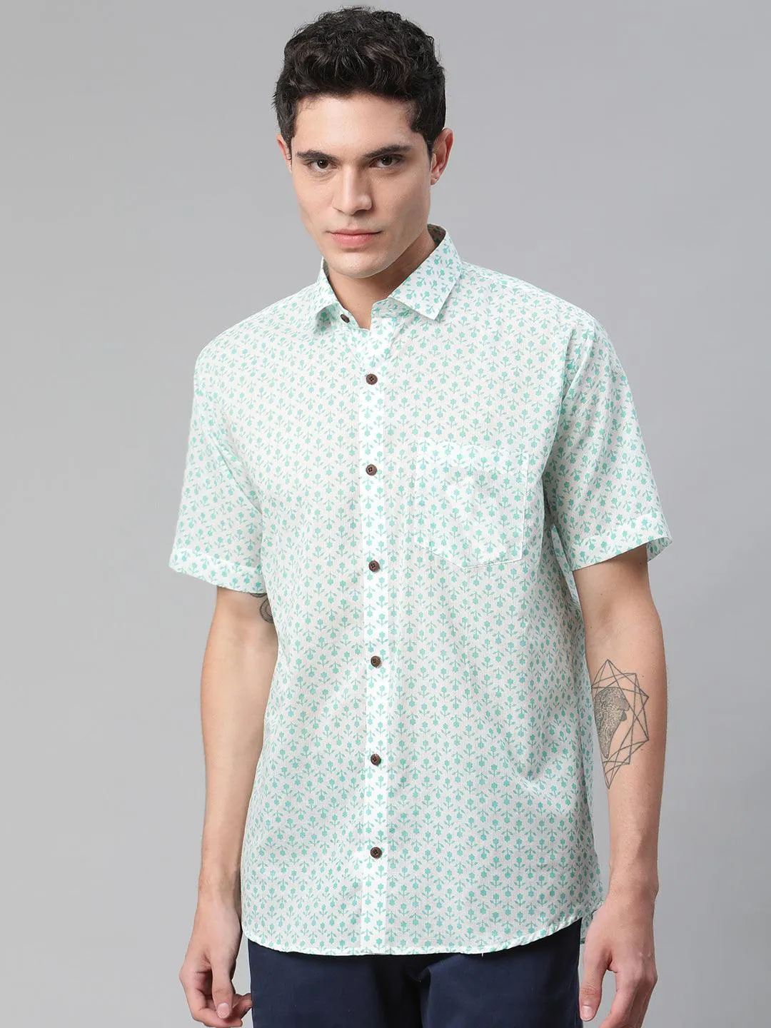 Millennial Men White & Sea Green Cotton  Half Sleeve Shirt for Men-MMH0184