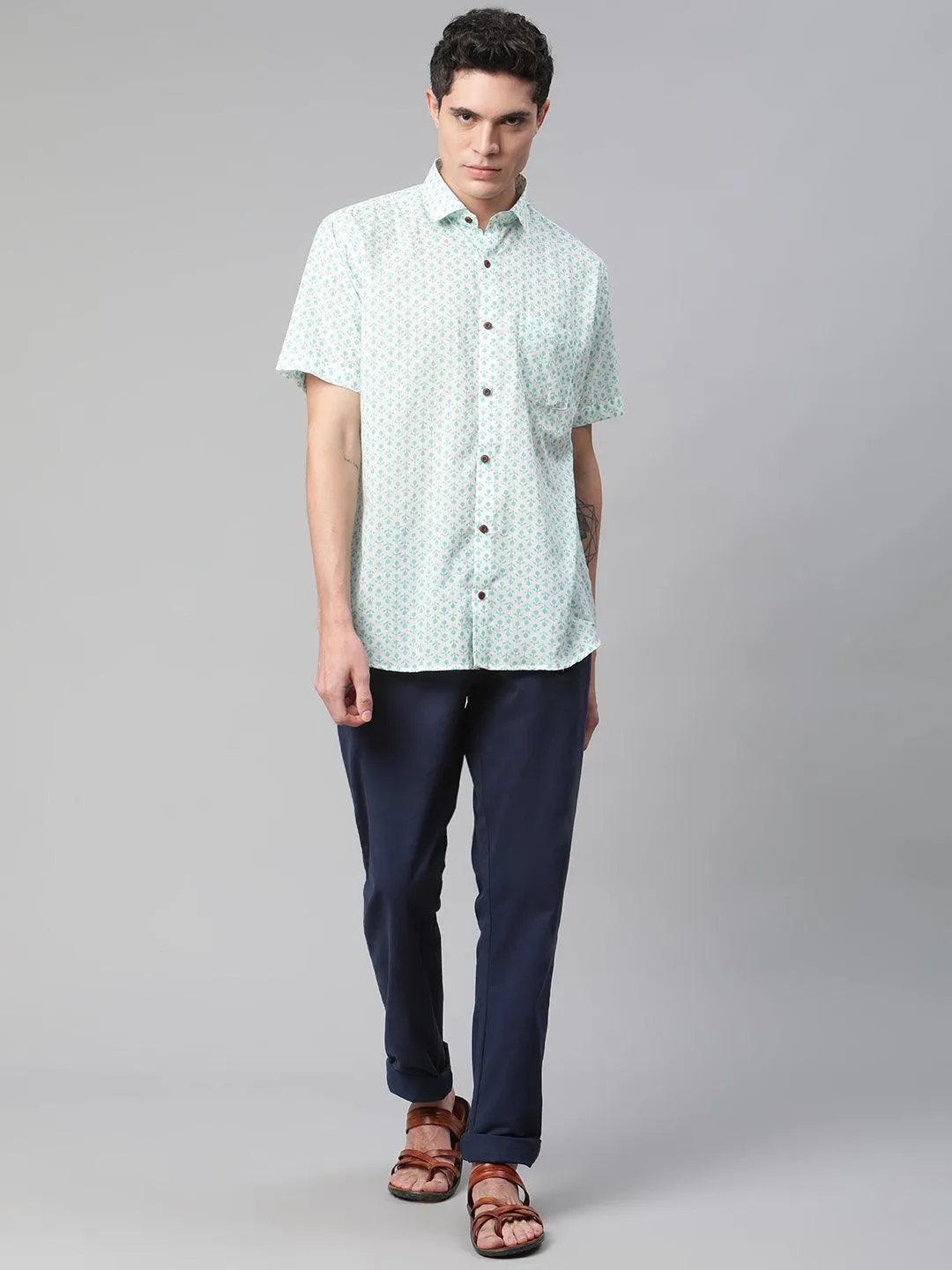 Millennial Men White & Sea Green Cotton  Half Sleeve Shirt for Men-MMH0184