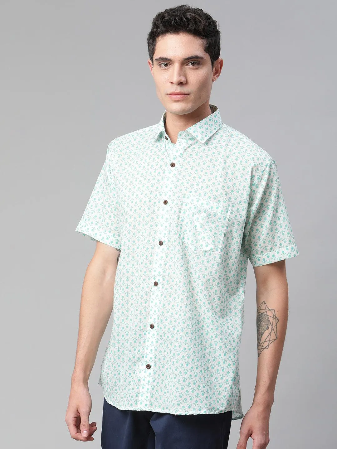 Millennial Men White & Sea Green Cotton  Half Sleeve Shirt for Men-MMH0184