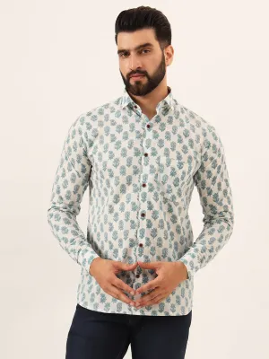 MILLENNIAL MEN White Floral Print Pure Cotton Regular Fit Casual Shirt