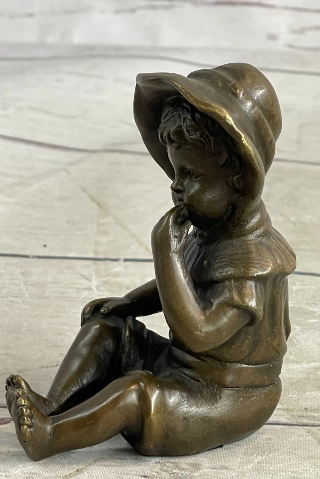 Milo`s Baby Girl with Hat - Handcrafted Bronze Statue by Miguel Lopez, Signed Artwork, Gift