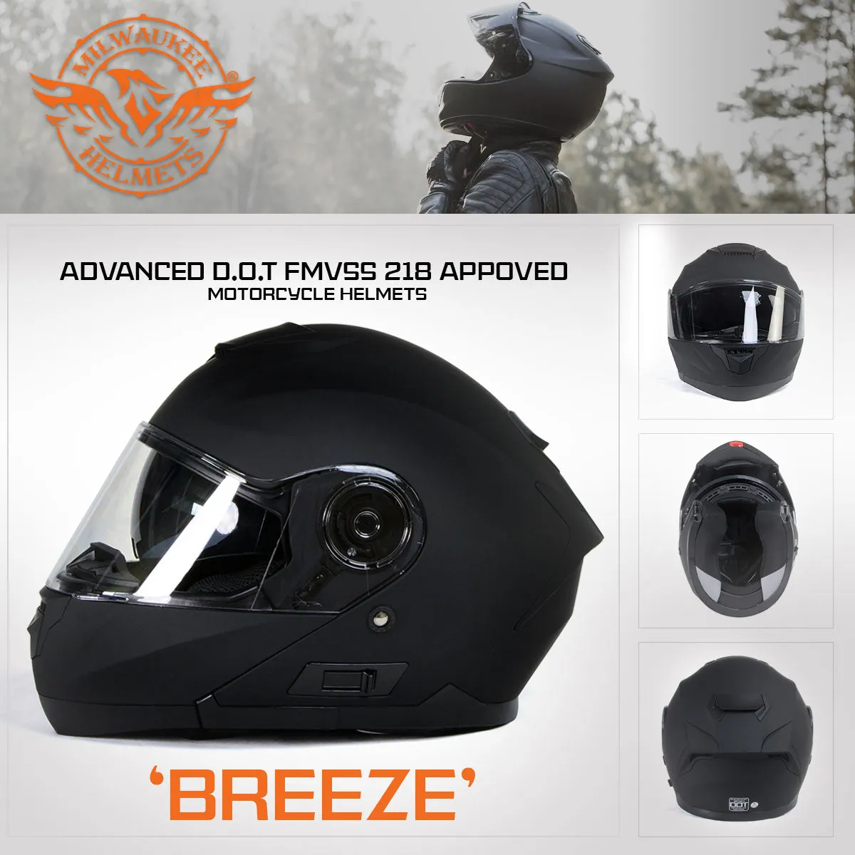 Milwaukee Helmets MPH9814DOT 'Breeze' Flat Black Modular Helmet for Men and Women Biker w/ MP7922FMSET Heated Balaclava Bundle