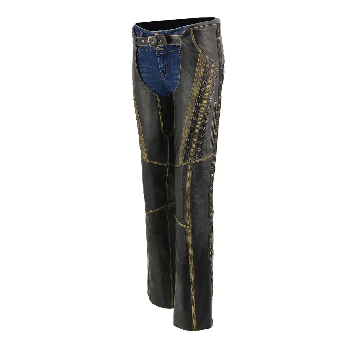 Milwaukee Leather Chaps for Women Black Premium Skin Rubbed Seams- Accented Lace Detailing Motorcycle Chap- MLL6527