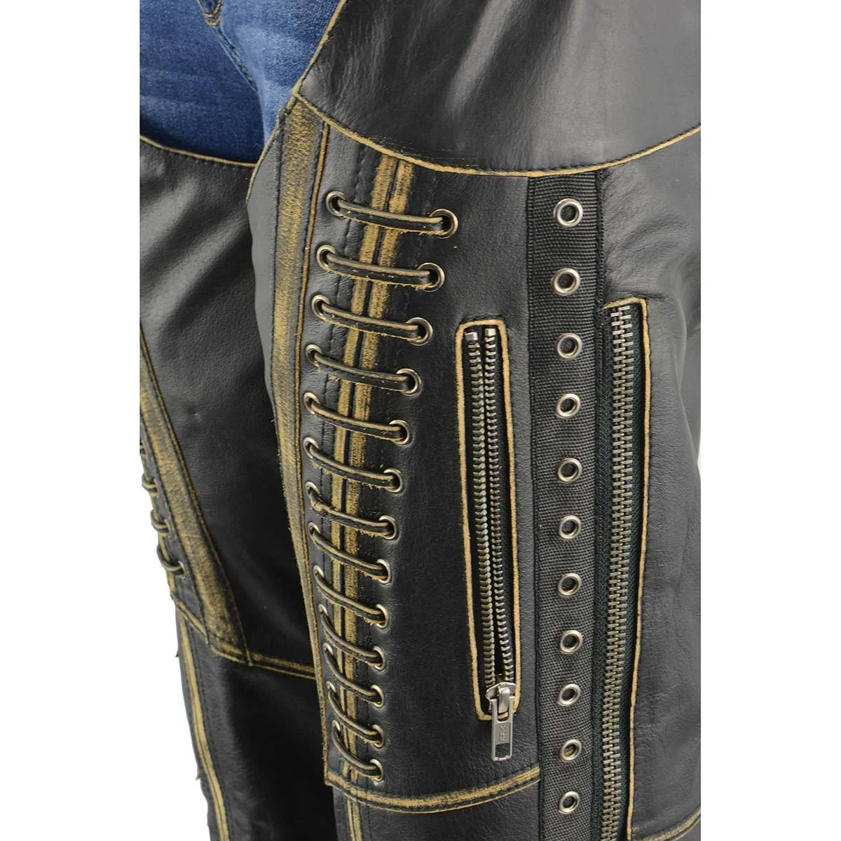 Milwaukee Leather Chaps for Women Black Premium Skin Rubbed Seams- Accented Lace Detailing Motorcycle Chap- MLL6527