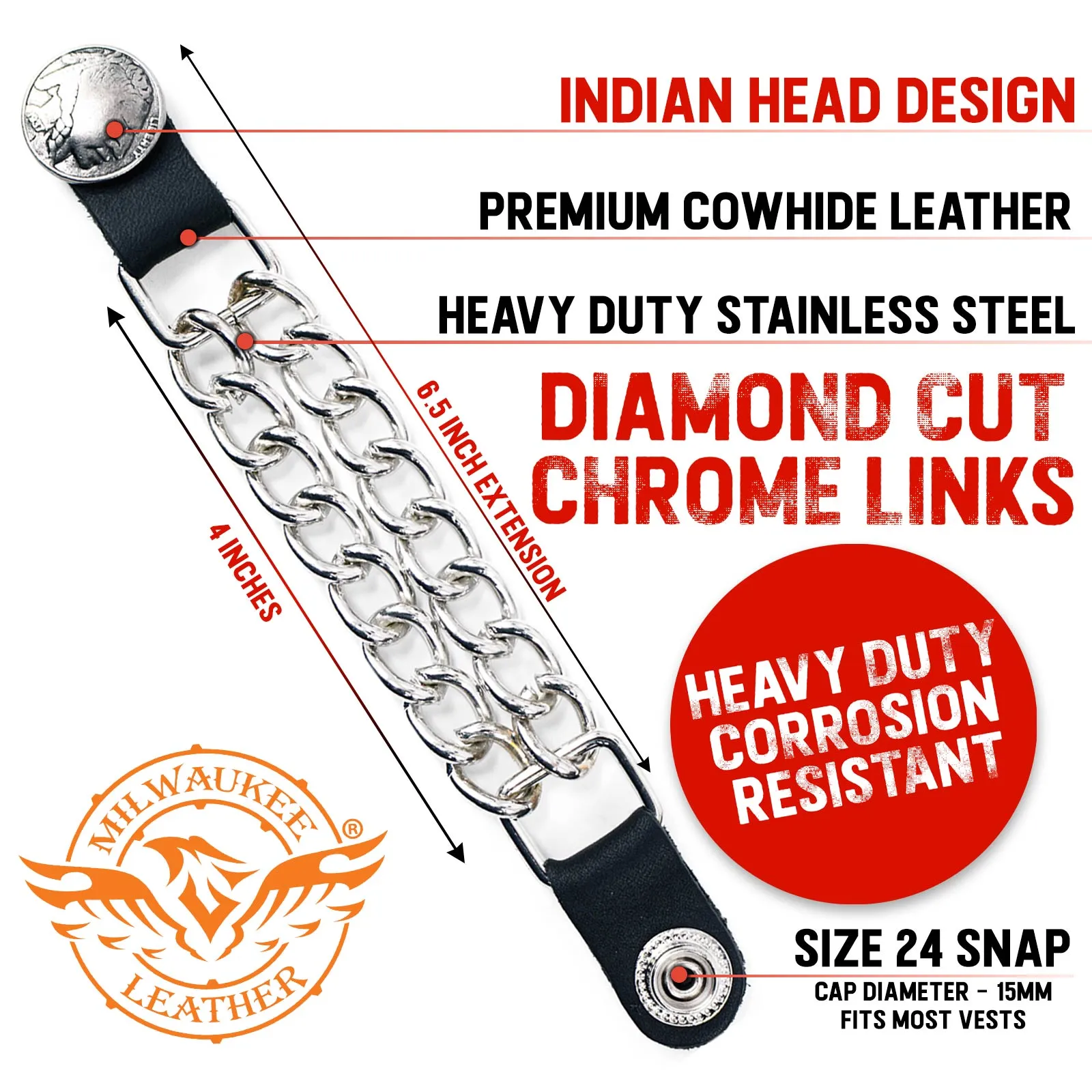 Milwaukee Leather Indian Head Medallion Vest Extender - Double Chrome Chains Genuine Leather 6.5" Extension MLA1014-Single