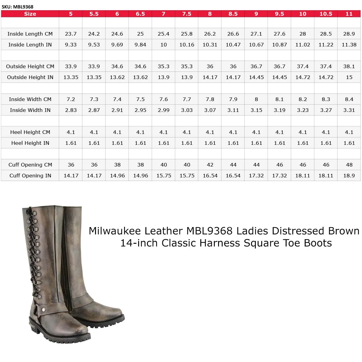 Milwaukee Leather MBL9368 Women's Distressed Brown 14-inch Classic Harness Square Toe Motorcycle Rider Boots