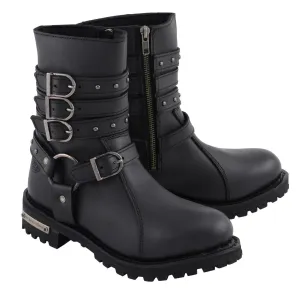 Milwaukee Leather MBL9399 Women's 9-Inch Triple Buckle Black Leather Harness Biker Boots w/ Side Zipper