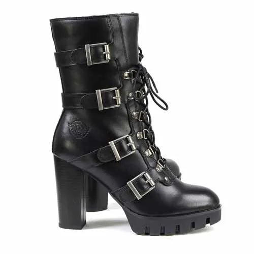 Milwaukee Leather MBL9459 Women's Premium Black Leather Buckles Platform Fashion Boots with Lace-Up Closure