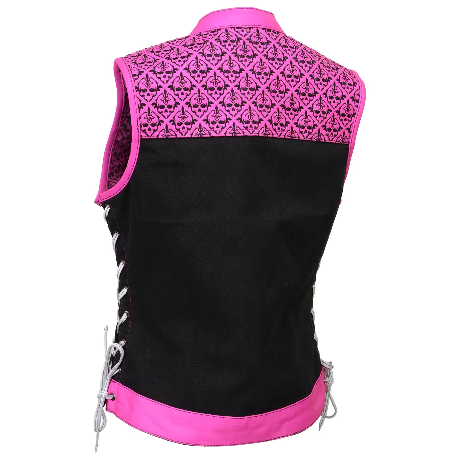 Milwaukee Leather MDL4051 Women's 'Skelly' Black with Pink Motorcycle Denim Vest w/ Skull Embroidery