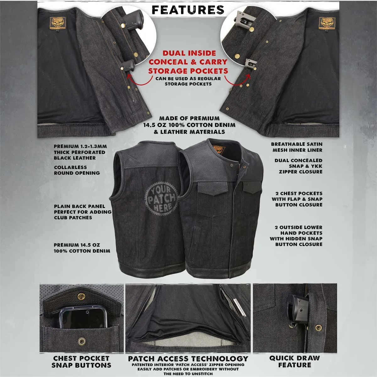 Milwaukee Leather MDM3008 Men's 'Brute' Black Perforated Leather and Denim Club Style Vest w/ Hidden Dual Closure