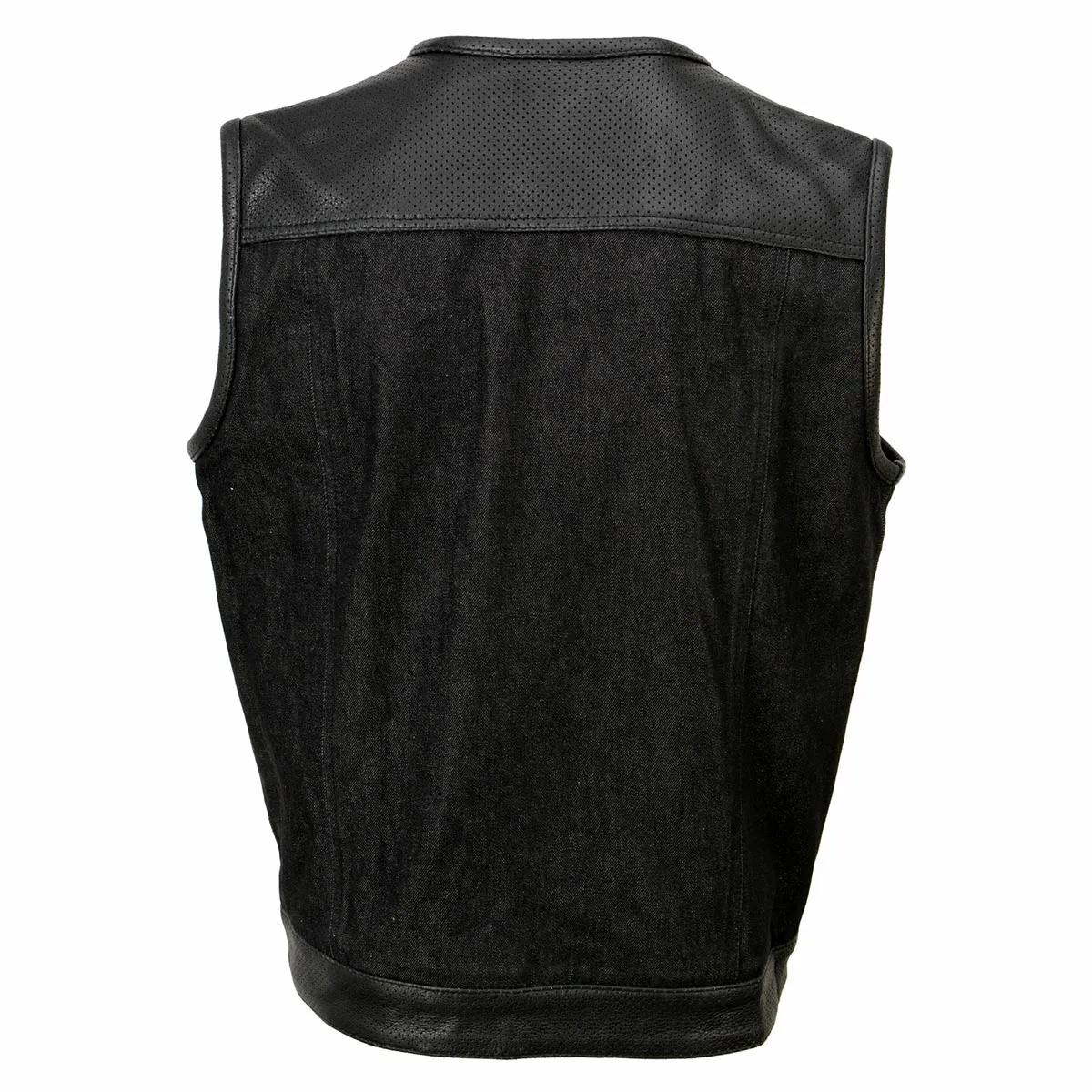 Milwaukee Leather MDM3008 Men's 'Brute' Black Perforated Leather and Denim Club Style Vest w/ Hidden Dual Closure