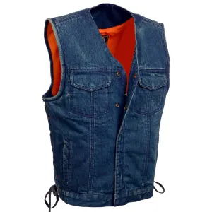 Milwaukee Leather MDM3013 Men's 'Brute' Concealed Snap Blue Denim V-Neck Side Lace Club Style Vest w/Hidden Zipper