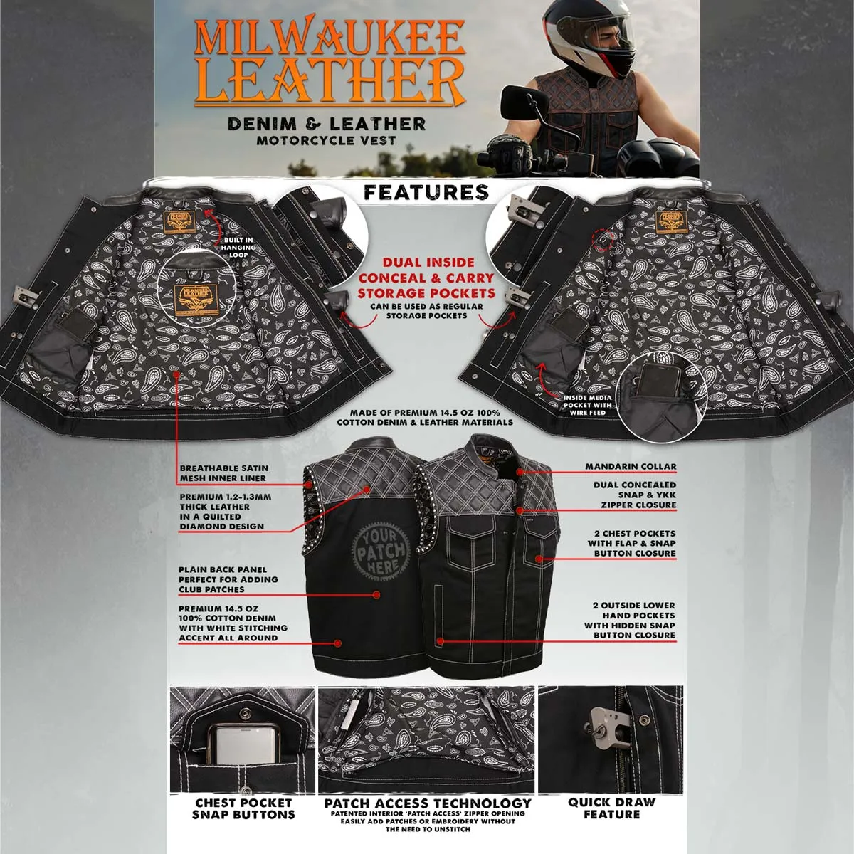 Milwaukee Leather MDM3035 Men's 'Wrecker' Black Denim and Leather Club Style Vest w/ Diamond Quilt Design