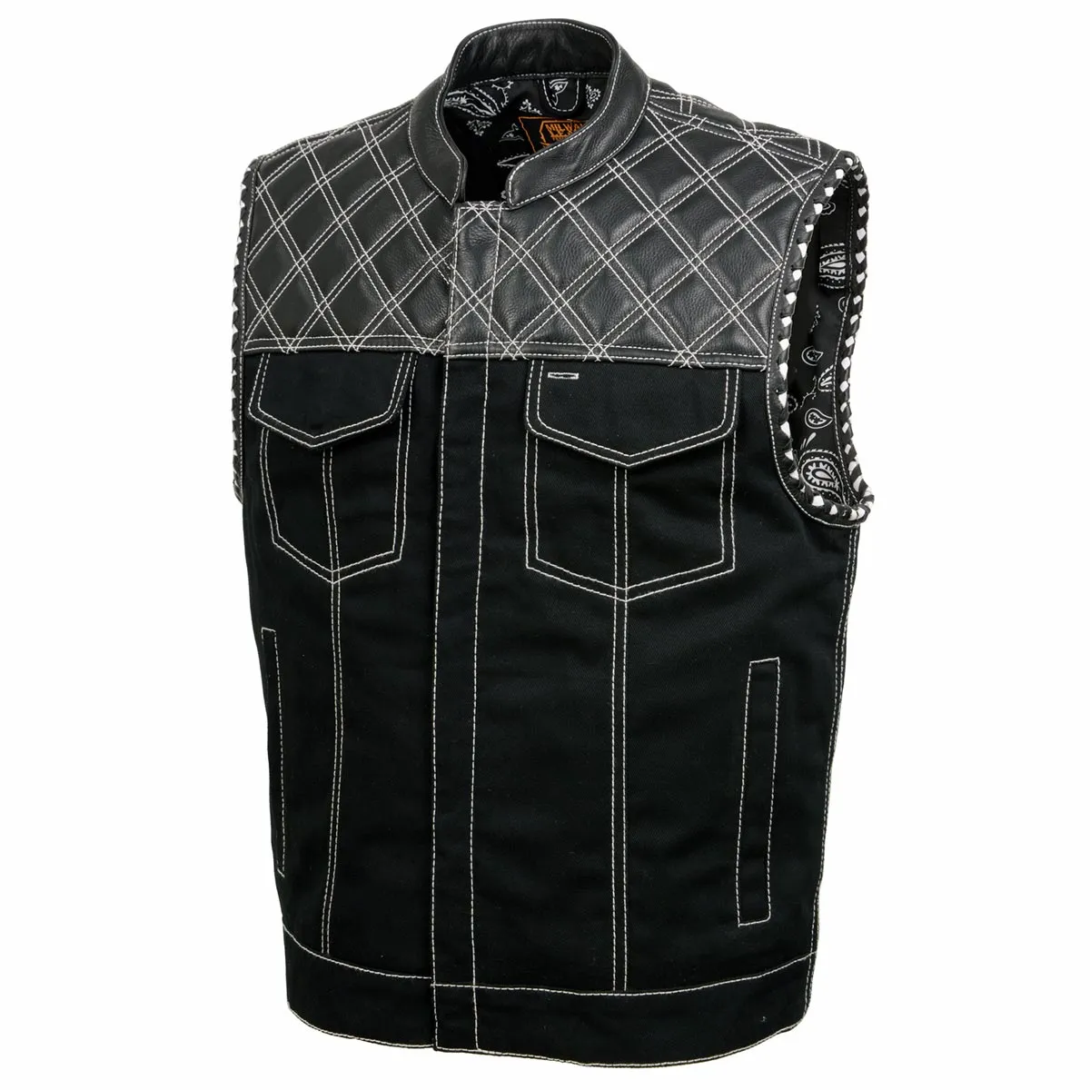 Milwaukee Leather MDM3035 Men's 'Wrecker' Black Denim and Leather Club Style Vest w/ Diamond Quilt Design