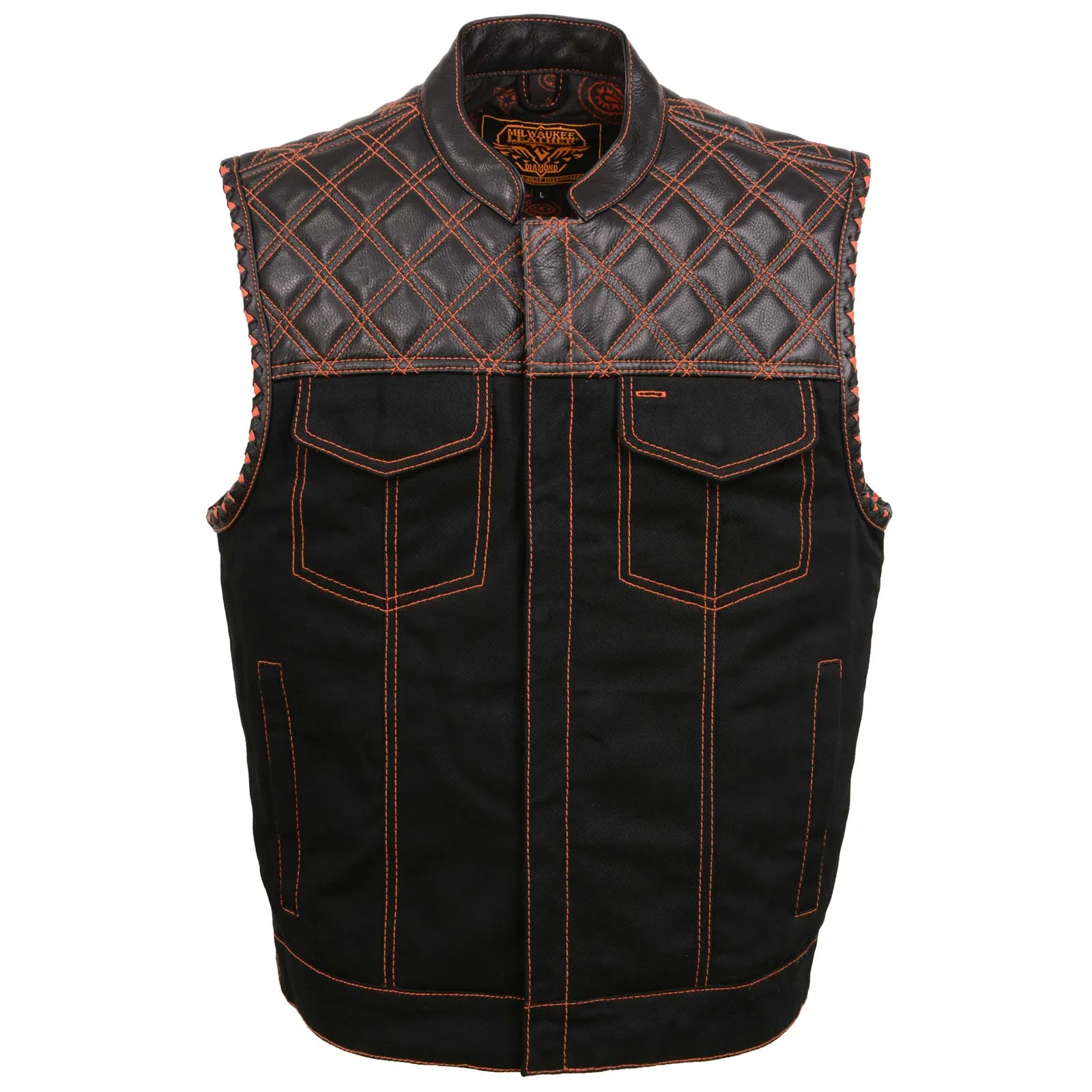 Milwaukee Leather MDM3037 Men's 'Wrecker' Black Denim and Leather Club Style Vest w/ Diamond Quilt Design