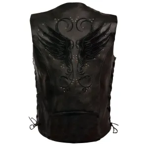 Milwaukee Leather MLL4505 Women's Black Leather Side Lace Motorcycle Rider Vest- Reflective and Studded Black Wings