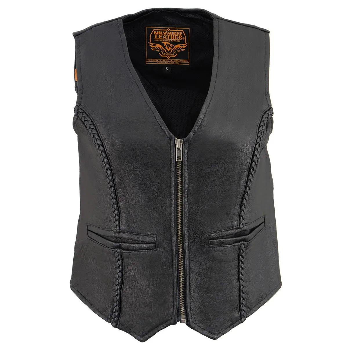 Milwaukee Leather MLL4550 Women's Black Premium Leather Classic Braided Deep V-Neck Motorcycle Rider Vest W/Front Zip