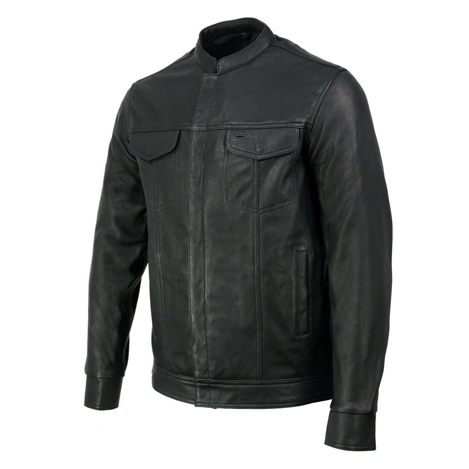 Milwaukee Leather MLM1604 Men's Stand-Up Collar Black Casual Biker Goat Skin Leather Shirt with Dual Closure