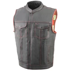 Milwaukee Leather MLM3506 Men's Black Premium Leather Vest - Old Glory Laced Armholes Red Stitching Club Style Vest