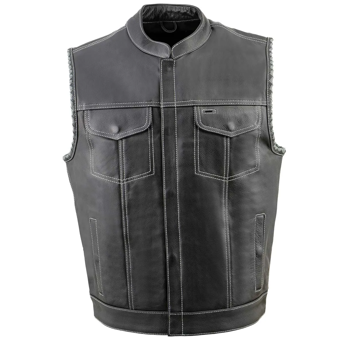 Milwaukee Leather MLM3507 Men's Old Glory Black Premium Leather Club Style Vest w/ Grey Stitching Laced Armholes