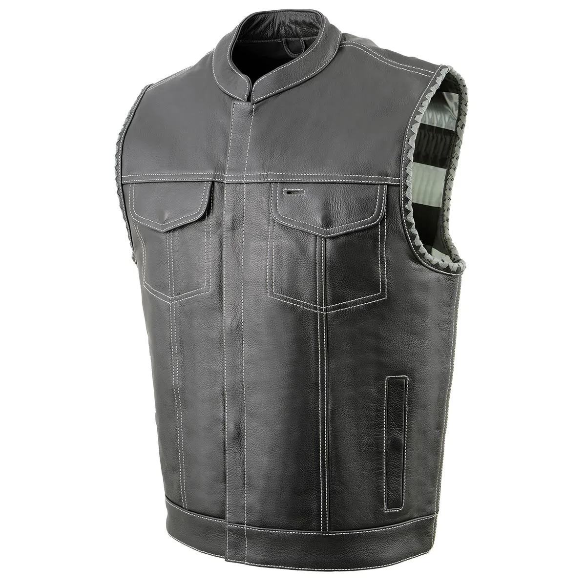 Milwaukee Leather MLM3507 Men's Old Glory Black Premium Leather Club Style Vest w/ Grey Stitching Laced Armholes