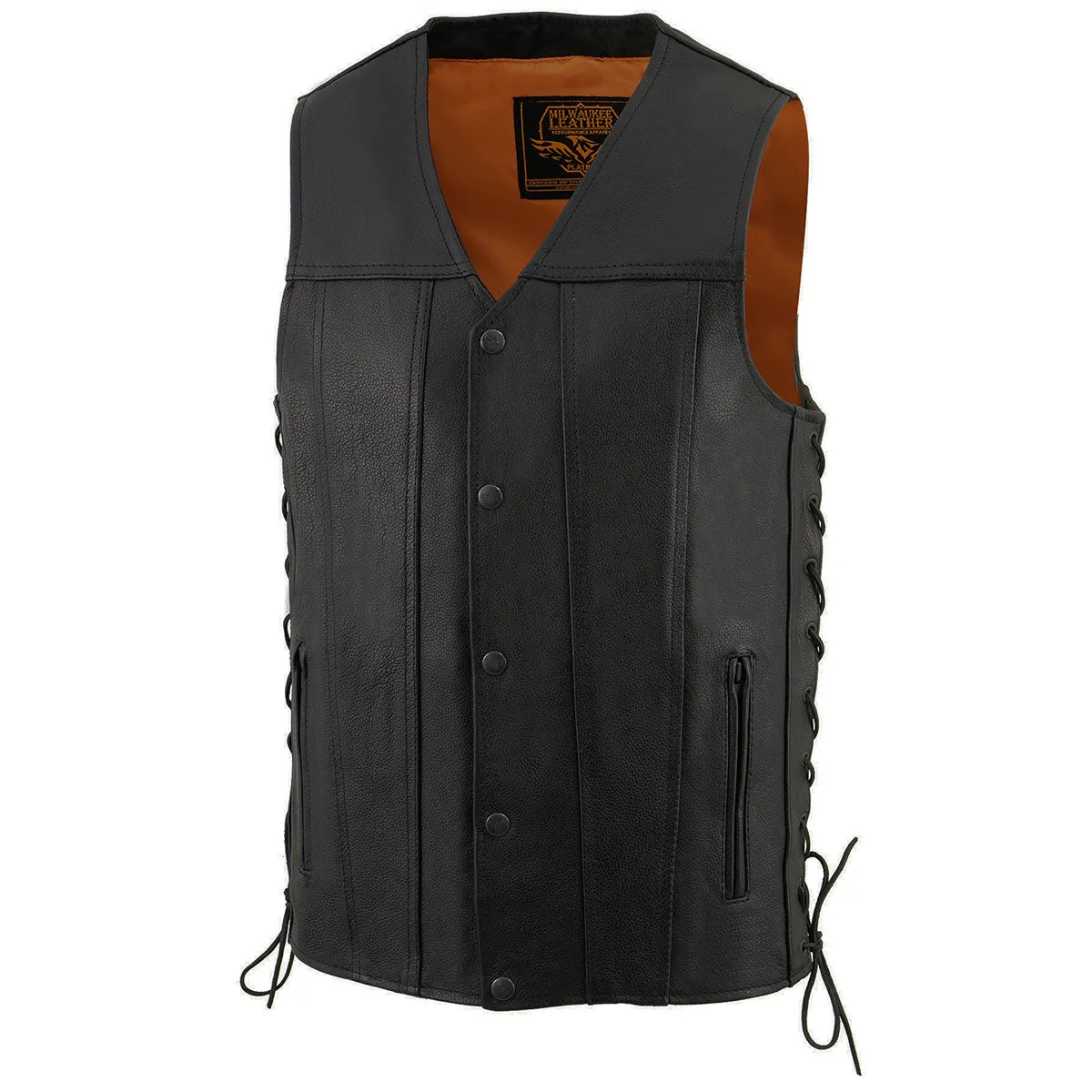 Milwaukee Leather MLM3520 Men's Black Leather Vest - Classic V-Neck Straight Bottom Side Lace Motorcycle Rider Vest