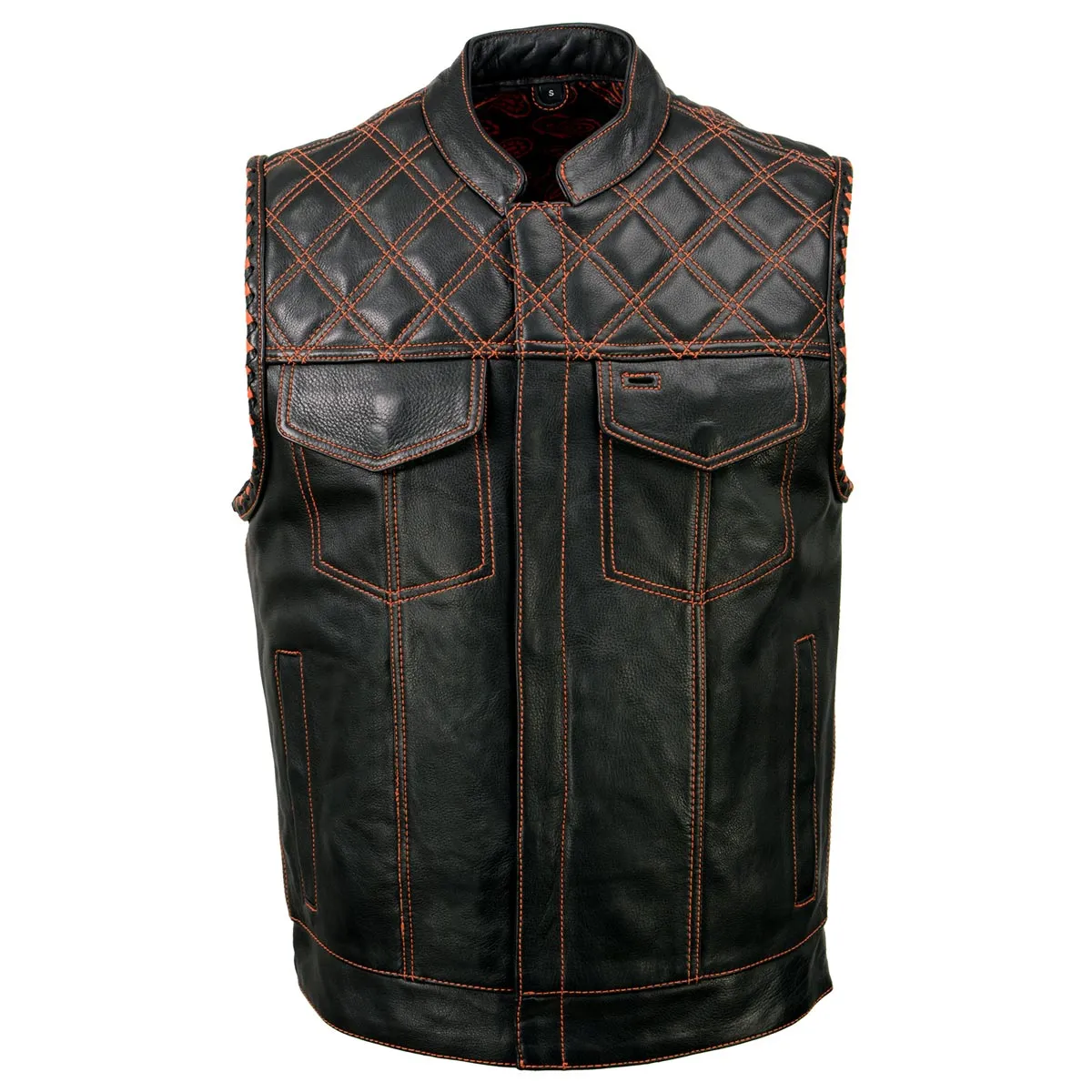 Milwaukee Leather MLM3527 Men's Black 'Paisley' Accented w/ Red Stitching Leather Vest – / Armhole Trim