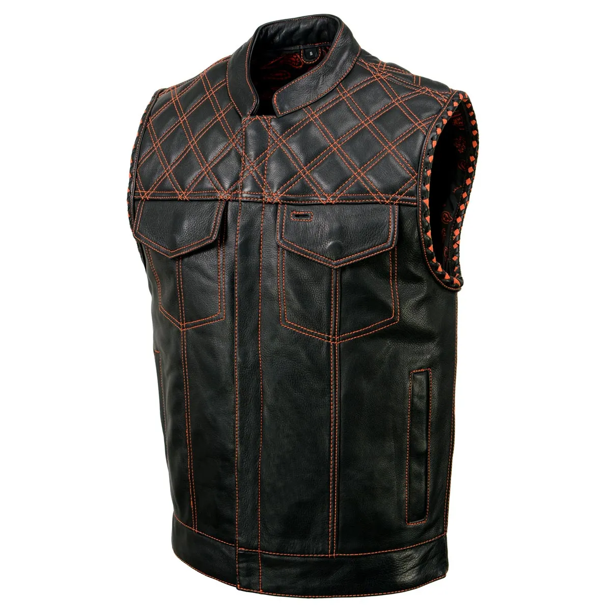 Milwaukee Leather MLM3527 Men's Black 'Paisley' Accented w/ Red Stitching Leather Vest – / Armhole Trim