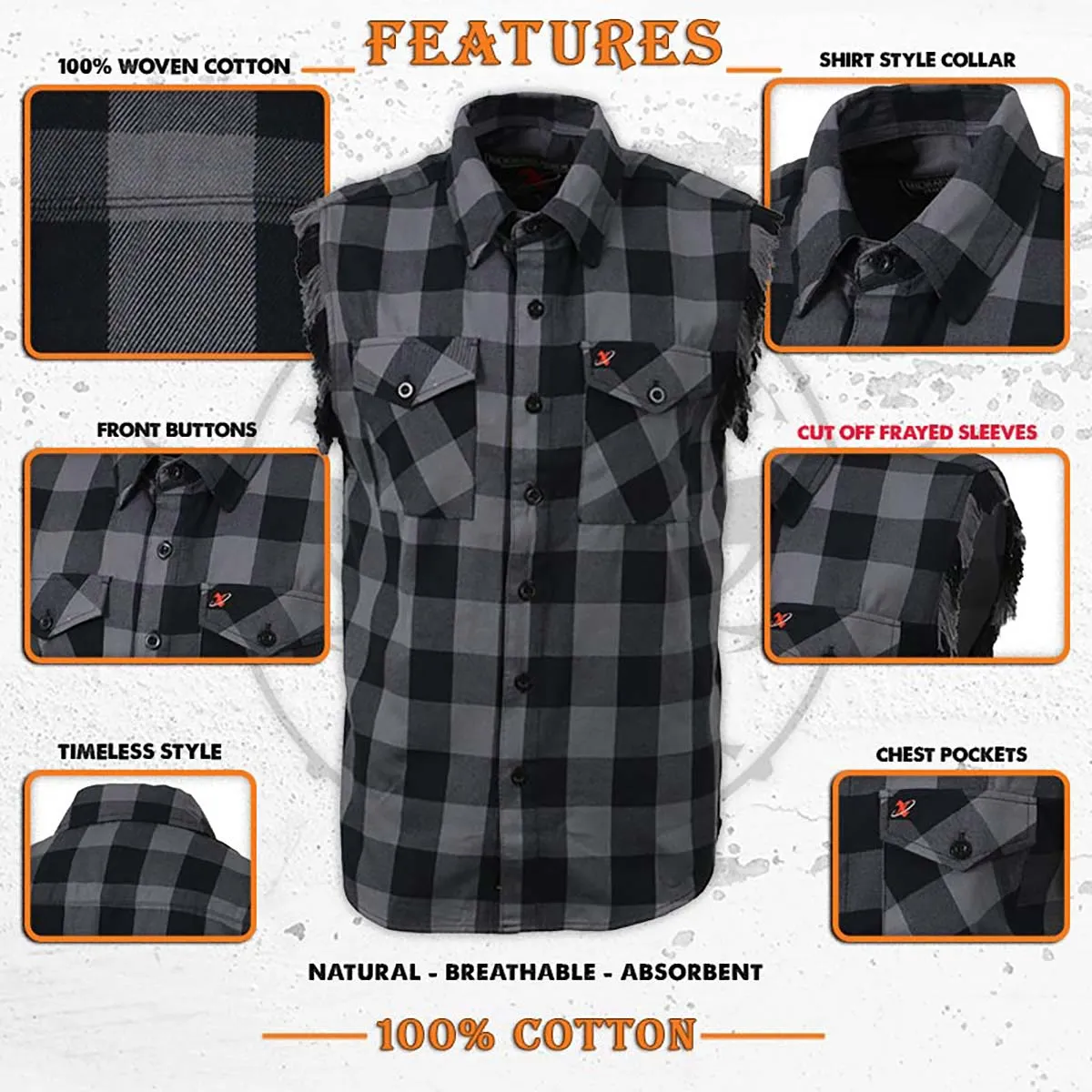 Milwaukee Leather MNG11689 Men’s Classic Black and Grey Button-Down Flannel Cut Off Frayed Sleeveless Casual Shirt