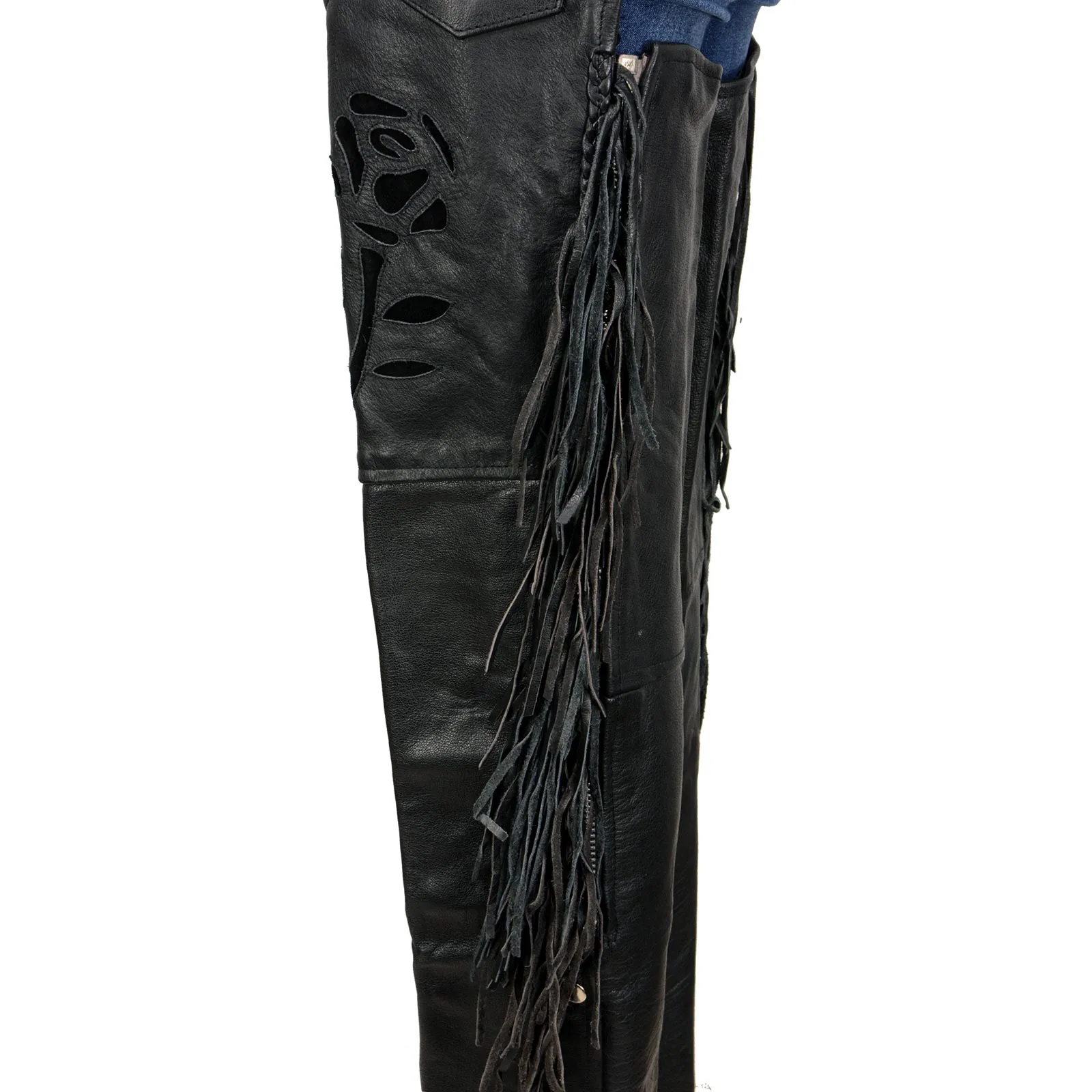 Milwaukee Leather SH1116 Women's Classic Braided & Fringed Black Leather Motorcycle Chaps w/ Black Rose Embroidery