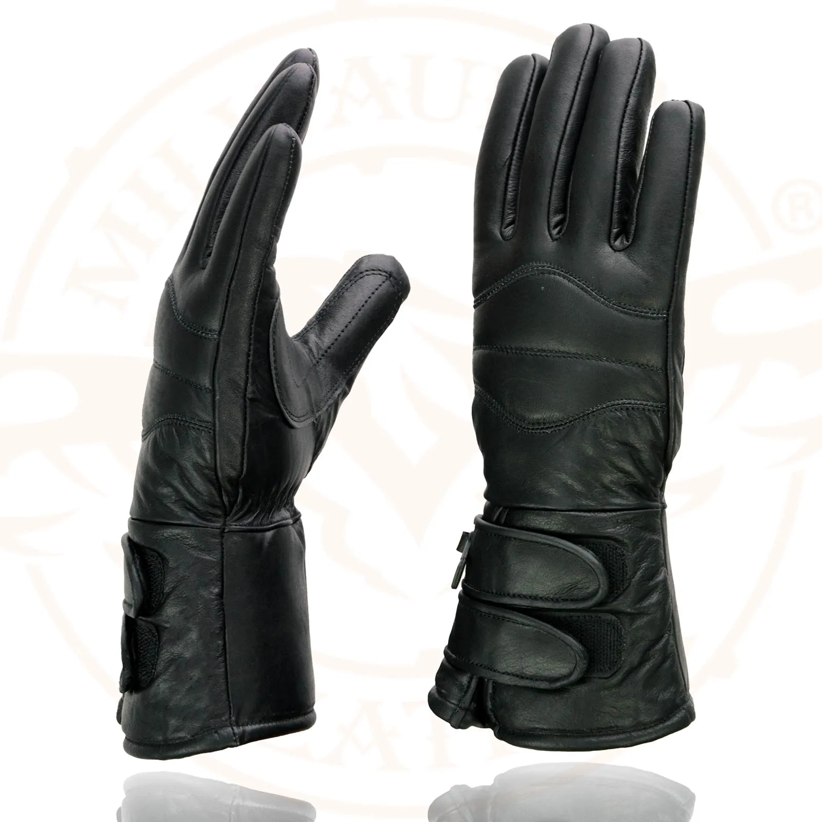 Milwaukee Leather SH233 Men's Black Leather Warm Lining Gauntlet Motorcycle Hand Gloves W/ Double Strap Cuff Pull-on Closure