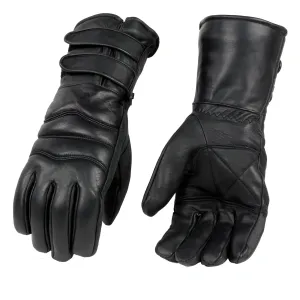 Milwaukee Leather SH233 Men's Black Leather Warm Lining Gauntlet Motorcycle Hand Gloves W/ Double Strap Cuff Pull-on Closure