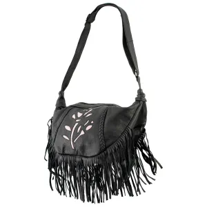 Milwaukee Leather SH397 Ladies 'Inlay Rose' Fringed Black and Pink Shoulder Bag