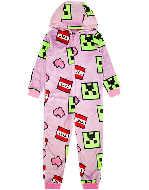 Minecraft Creeper Face & TNT Girls Gaming Loungewear Onesie - Pink