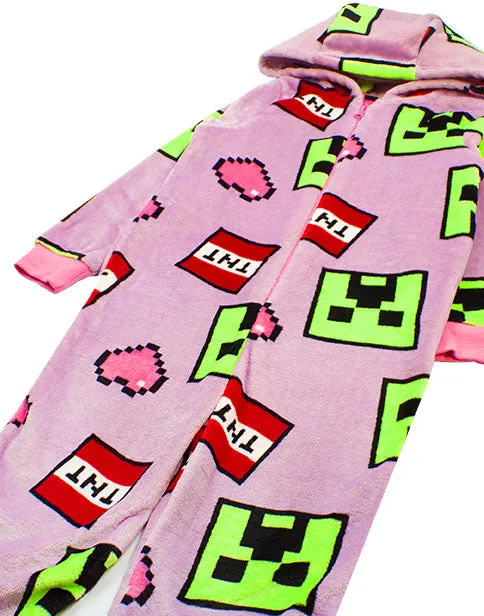 Minecraft Creeper Face & TNT Girls Gaming Loungewear Onesie - Pink