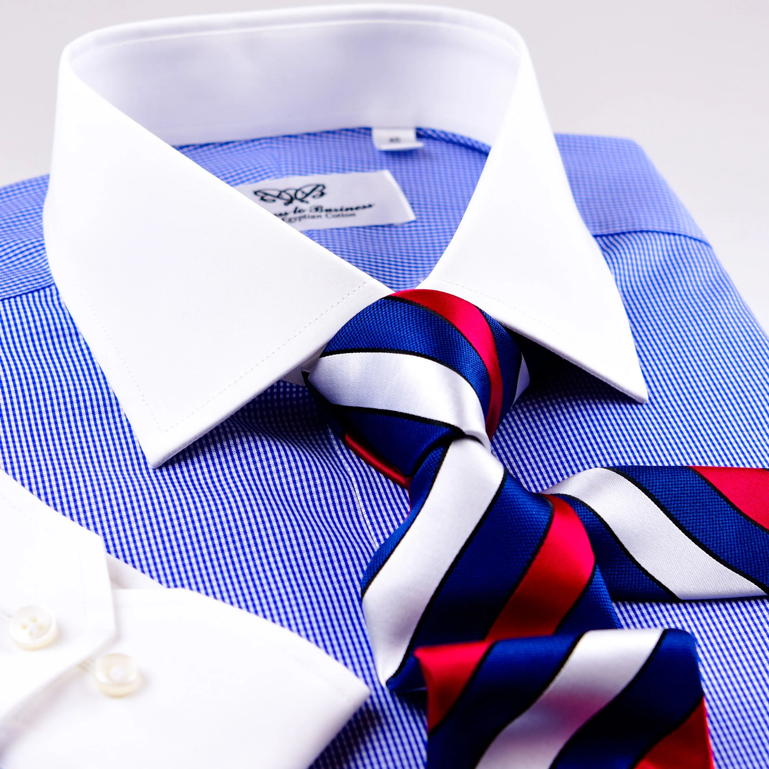 Mini Blue Gingham Check Formal Business Dress Shirt Contrast Collar And Cuff Standard Cuff