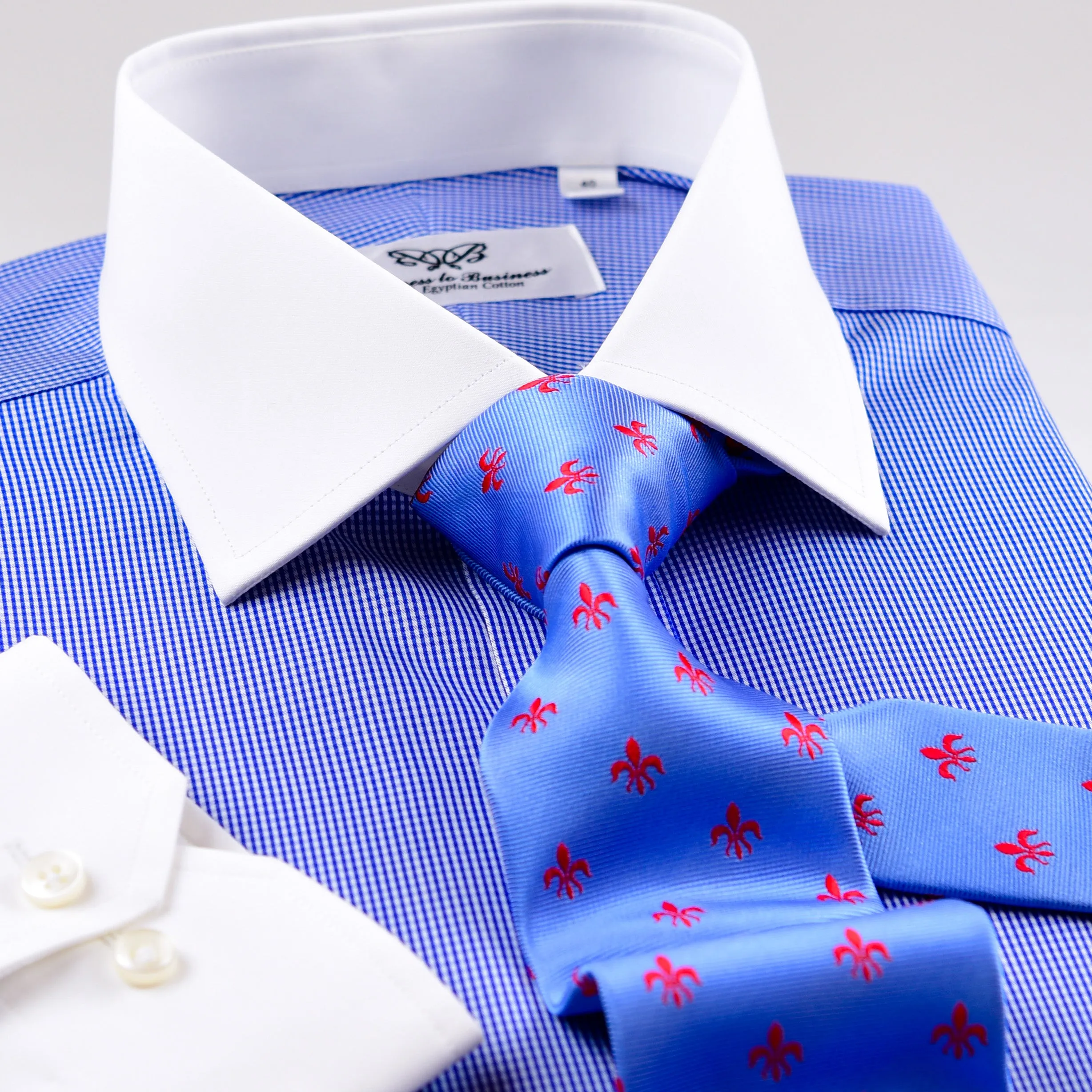 Mini Blue Gingham Check Formal Business Dress Shirt Contrast Collar And Cuff Standard Cuff