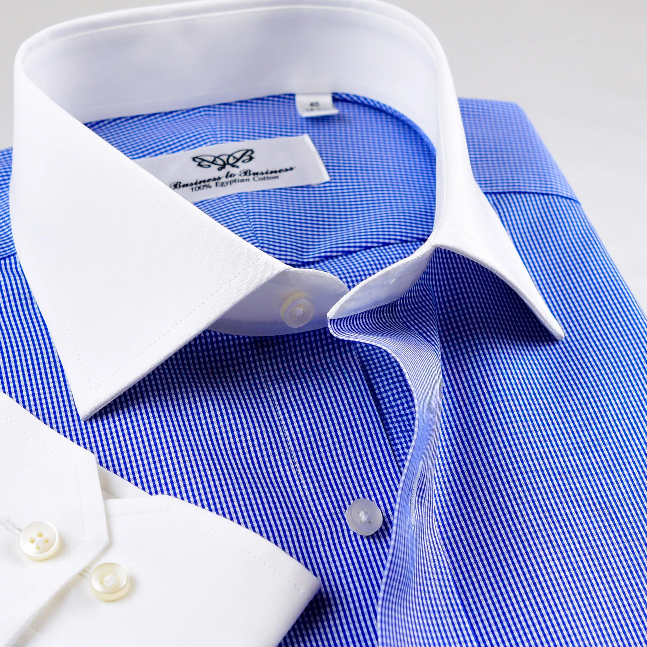 Mini Blue Gingham Check Formal Business Dress Shirt Contrast Collar And Cuff Standard Cuff