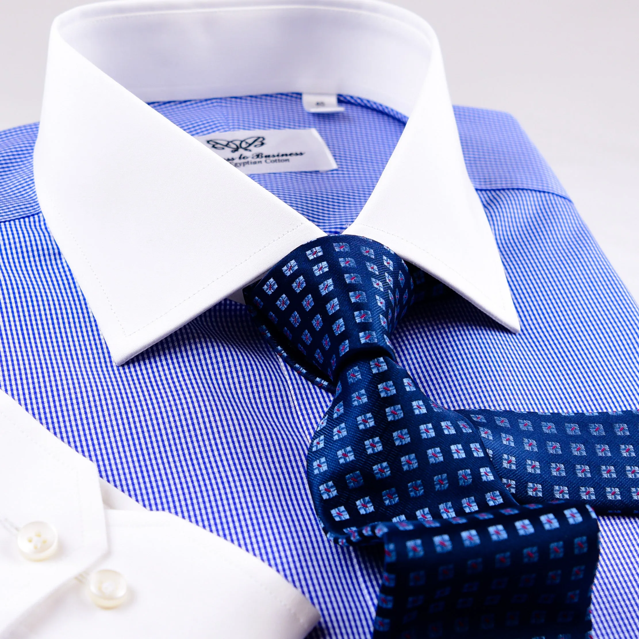 Mini Blue Gingham Check Formal Business Dress Shirt Contrast Collar And Cuff Standard Cuff