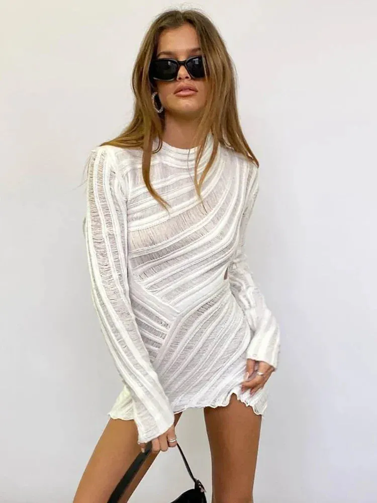 Mini Bodycon Knitted Sexy See Through Sleeve Long Party Hollow Rib Out Dress