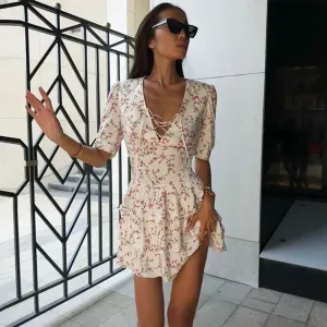 Mini Ruffled Women Floral Holiday Splice Beach Party Lace Mini Up V-neck Dress Dress