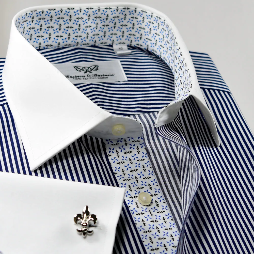 Mini Striped Dress Shirt Formal Contrast Collar and French Cuff Business Fashion Design