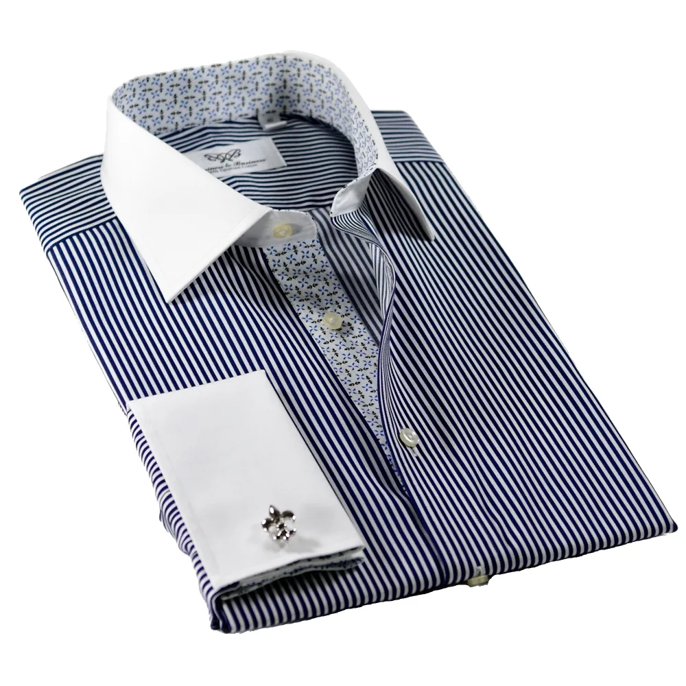 Mini Striped Dress Shirt Formal Contrast Collar and French Cuff Business Fashion Design