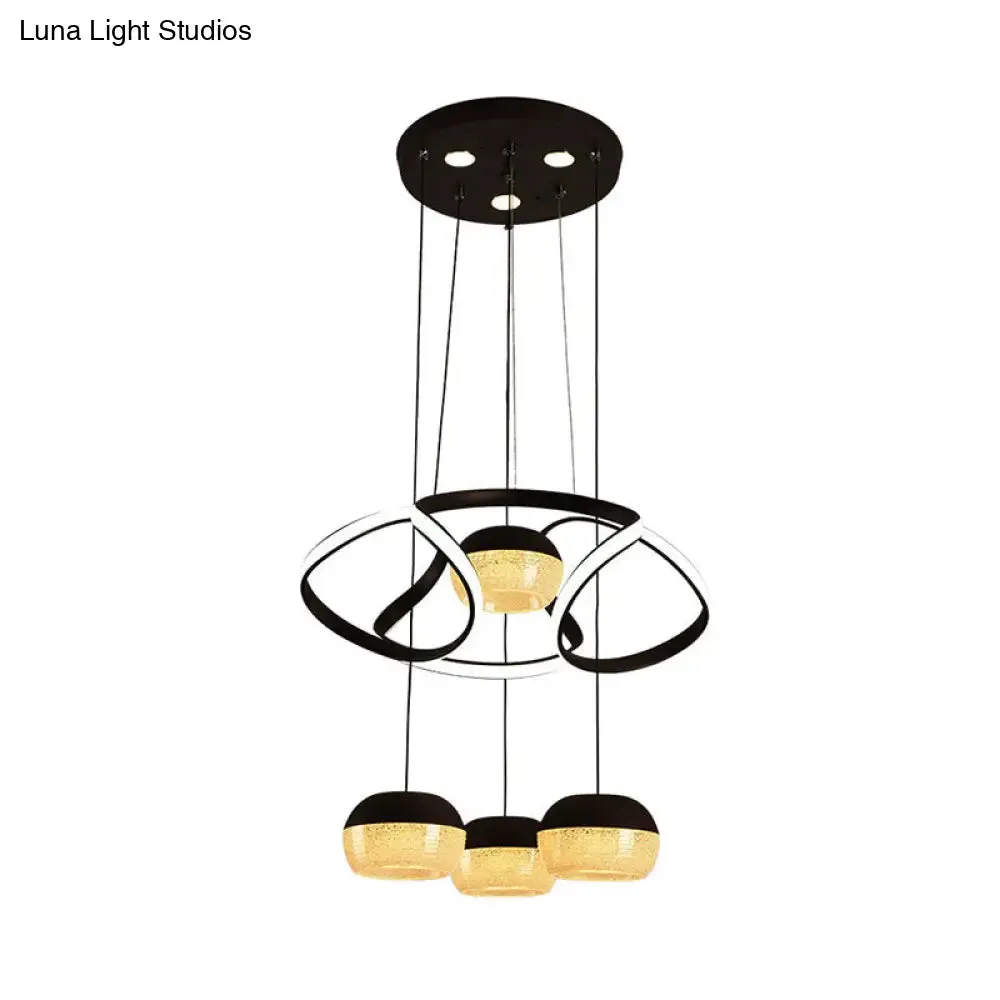 Minimalist Acrylic Oval LED Pendant Lamp with 4 Hanging Lights, Twisting Shelf, and Black Ceiling Mount