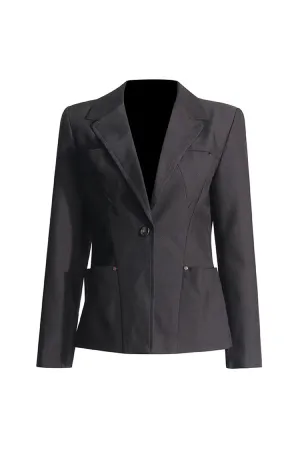 Minimalist Lapel Collar Padded Long Sleeve One Button Cinch Waist Blazer