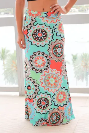 Mint and Coral Medallion Printed Maxi Skirt