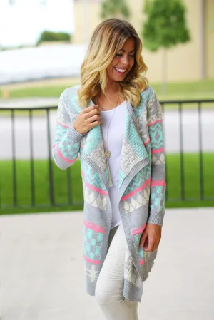 Mint And Gray Long Cardigan