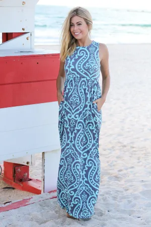 Mint and Gray Sleeveless Printed Maxi Dress