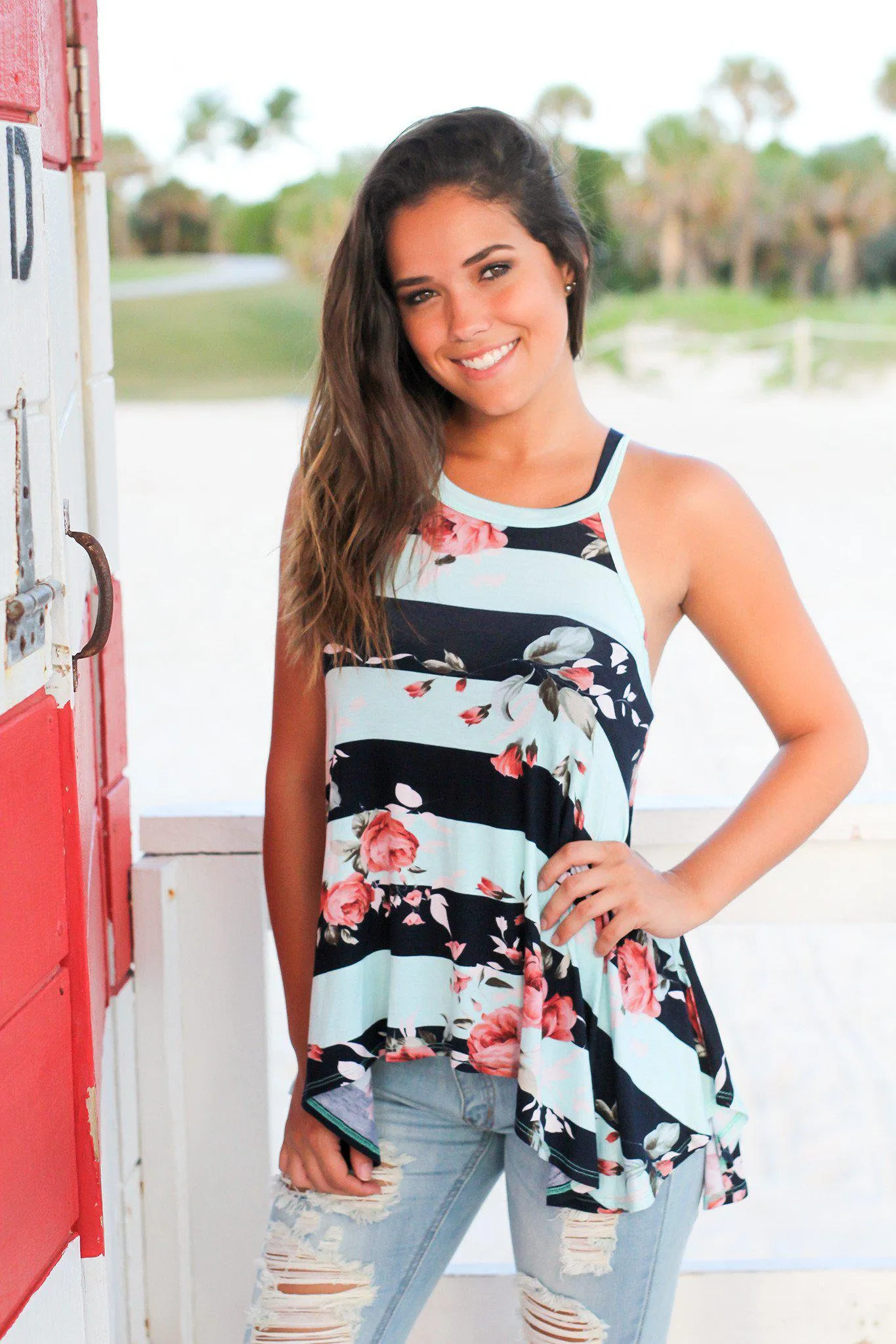 Mint and Navy Floral Striped Racerback Top